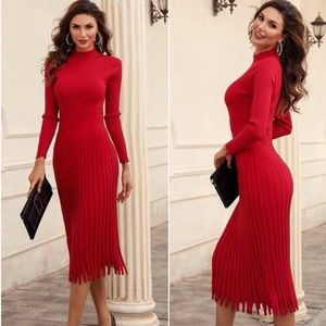 Elegant Red Long-Sleeve Ribbed Midi Dress